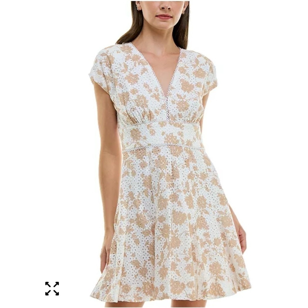 TAYLOR Floral Eyelet A Line Mini Dress Tan White Size 8 New